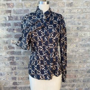 Banana Republic 100% silk Black Tan Equestrian Pattern Blouse size XS